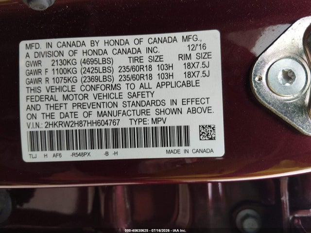 45630625 :رقم المزاد ، 2HKRW2H87HH604767 vin ، 2017 Honda Cr-v Ex-l/ex-l Navi مزاد بيع