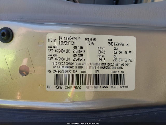 Продаж на аукціоні авто 2006 Chrysler Town & Country Touring, vin: 2A4GP54LX6R871105, номер лоту: 45630641