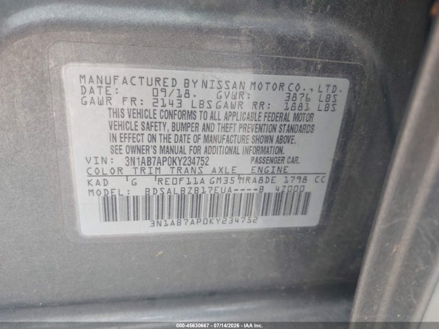 45630667 :رقم المزاد ، 3N1AB7AP0KY234752 vin ، 2019 Nissan Sentra S مزاد بيع