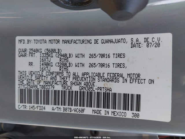 45630673 :رقم المزاد ، 3TYCZ5AN9LT003379 vin ، 2020 Toyota Tacoma Trd Off-road مزاد بيع