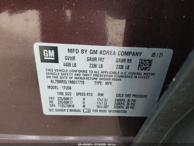 Продажа на аукционе авто 2022 Chevrolet Trailblazer Awd Lt, vin: KL79MRSL1NB017776, номер лота: 45630674