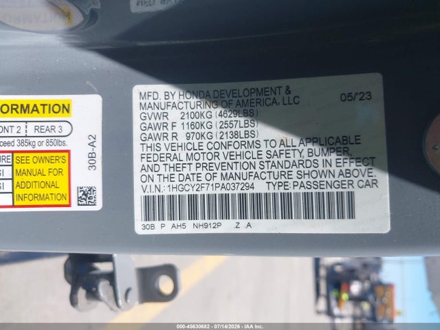1HGCY2F71PA037294 Honda Accord Hybrid Sport-l