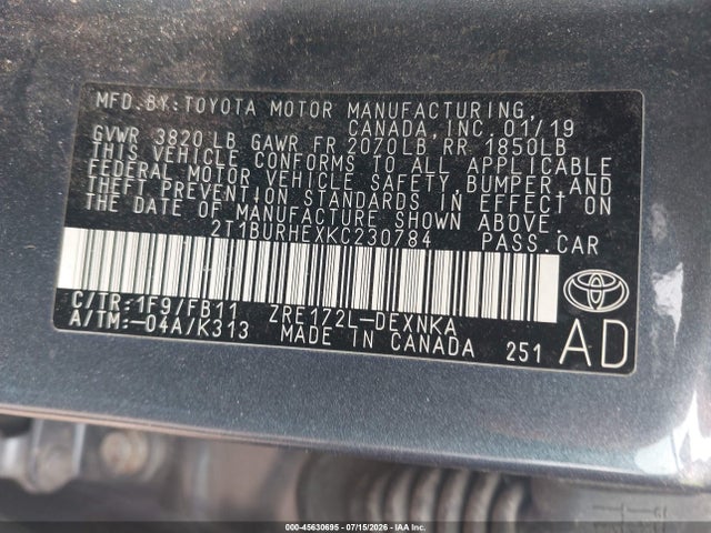 Продаж на аукціоні авто 2019 Toyota Corolla Le, vin: 2T1BURHEXKC230784, номер лоту: 45630695
