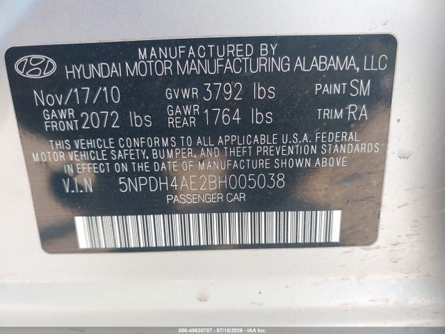 Aukcja sprzedaży 2011 Hyundai Elantra Limited, vin: 5NPDH4AE2BH005038, numer aukcji: 45630707