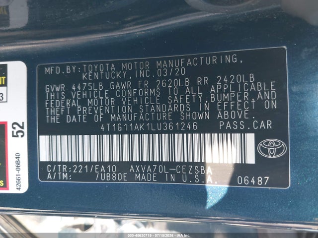 Aukcja sprzedaży 2020 Toyota Camry Se, vin: 4T1G11AK1LU361246, numer aukcji: 45630719