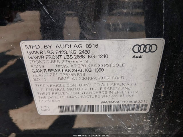 Продаж на аукціоні авто 2017 Audi Q5 2.0t Premium, vin: WA1M2AFP5HA062211, номер лоту: 45630720