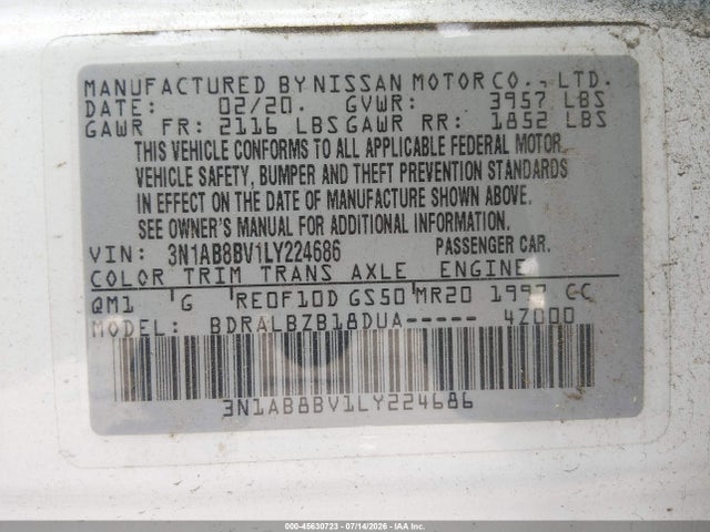 2020 Nissan Sentra S Xtronic Cvt მანქანა იყიდება აუქციონზე, vin: 3N1AB8BV1LY224686, აუქციონის ნომერი: 45630723