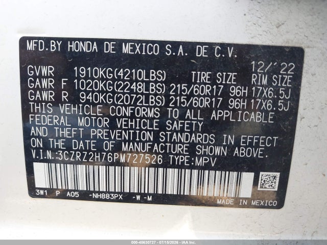 2023 Honda Hr-v Awd Ex-l მანქანა იყიდება აუქციონზე, vin: 3CZRZ2H76PM727526, აუქციონის ნომერი: 45630727