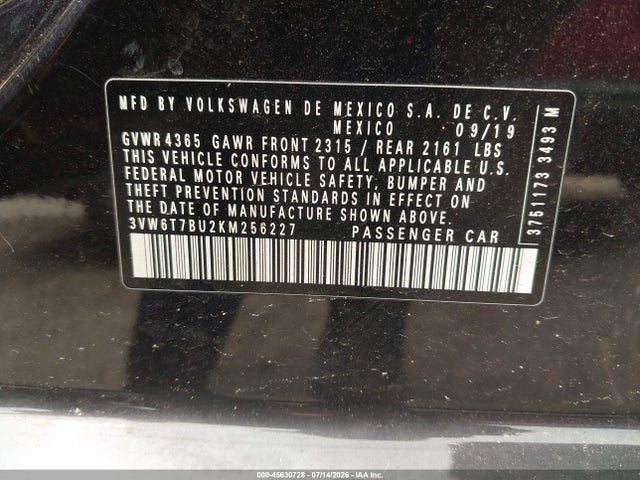 2019 Volkswagen Jetta Gli 2.0t 35th Anniversary Edition/2.0t Autobahn/2.0t S მანქანა იყიდება აუქციონზე, vin: 3VW6T7BU2KM256227, აუქციონის ნომერი: 45630728