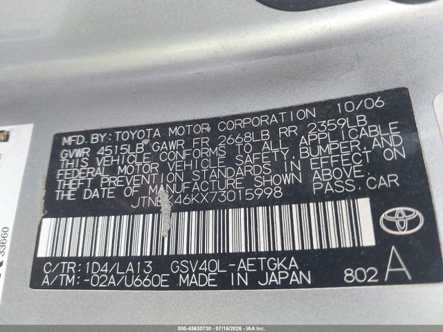 45630730 :رقم المزاد ، JTNBK46KX73015998 vin ، 2007 Toyota Camry Xle V6 مزاد بيع