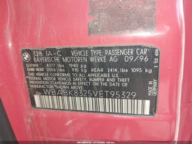 45630752 :رقم المزاد ، WBABK8325VET95329 vin ، 1997 Bmw 328ic مزاد بيع