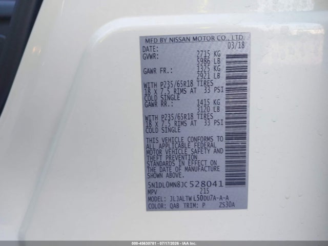 45630781 :رقم المزاد ، 5N1DL0MN8JC528041 vin ، 2018 Infiniti Qx60 مزاد بيع
