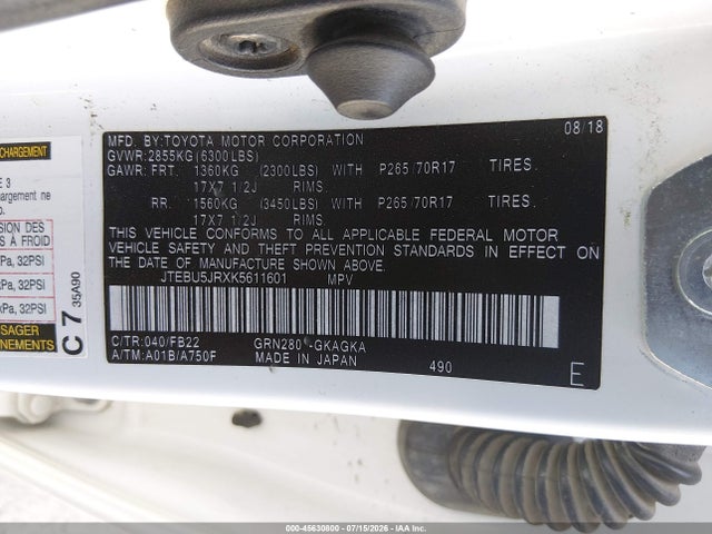 Toyota 4RUNNER SR5 2019 JTEBU5JRXK5611601 Image 9