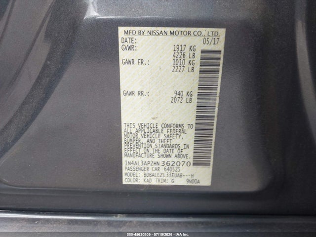 45630809 :رقم المزاد ، 1N4AL3AP2HN362070 vin ، 2017 Nissan Altima 2.5 S مزاد بيع