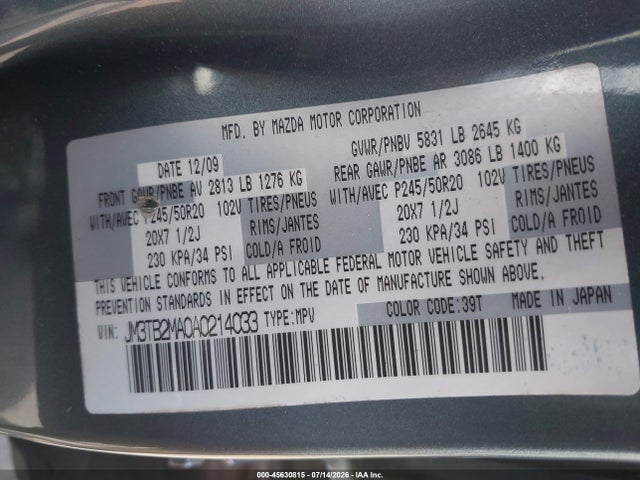 45630815 :رقم المزاد ، JM3TB2MA0A0214033 vin ، 2010 Mazda Cx-9 Grand Touring مزاد بيع
