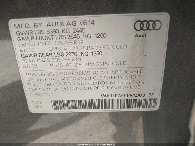Продажа на аукционе авто 2015 Audi Q5 2.0t Premium, vin: WA1LFAFP6FA003178, номер лота: 45630830