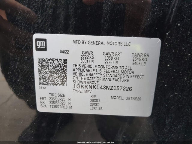 Aukcja sprzedaży 2022 Gmc Acadia Fwd Sle, vin: 1GKKNKL43NZ157226, numer aukcji: 45630834