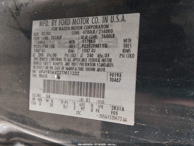 45630836 :رقم المزاد ، 4F4YR16V23TM11332 vin ، 2003 Mazda B3000 Ds مزاد بيع