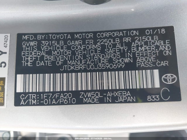Toyota Prius Two 2018 JTDKBRFU0J3590699 Image 9