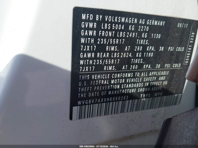 Продаж на аукціоні авто 2017 Volkswagen Tiguan 2.0t/2.0t S, vin: WVGBV7AX0HK050262, номер лоту: 45630865