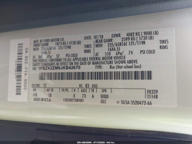 1FBZX2ZM9JKB42670 Ford Transit-350 Xl