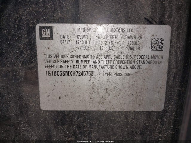 2017 Chevrolet Cruze Ls Auto მანქანა იყიდება აუქციონზე, vin: 1G1BC5SMXH7245753, აუქციონის ნომერი: 45630874