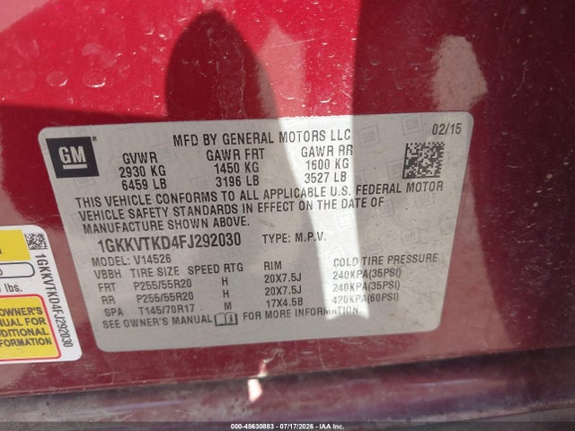 2015 Gmc Acadia Denali მანქანა იყიდება აუქციონზე, vin: 1GKKVTKD4FJ292030, აუქციონის ნომერი: 45630883
