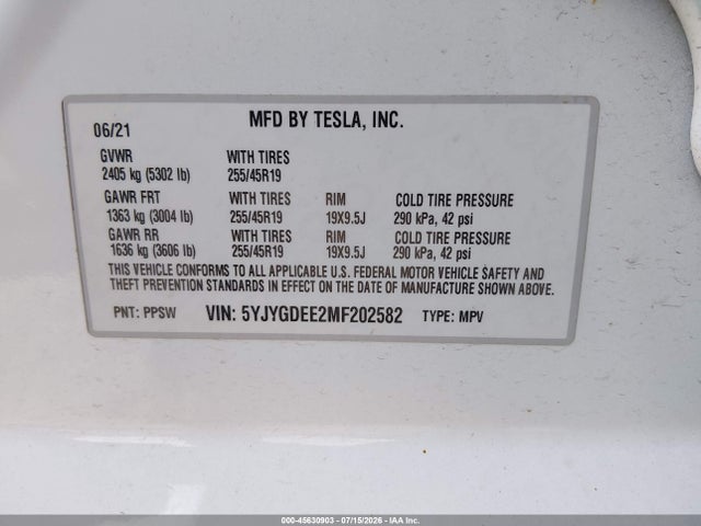 Продаж на аукціоні авто 2021 Tesla Model Y Long Range Dual Motor All-wheel Drive, vin: 5YJYGDEE2MF202582, номер лоту: 45630903