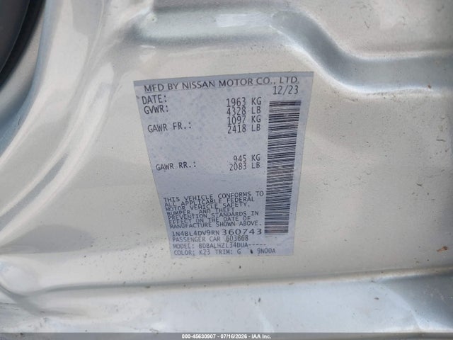 2024 Nissan Altima Sv Fwd მანქანა იყიდება აუქციონზე, vin: 1N4BL4DV9RN360743, აუქციონის ნომერი: 45630907