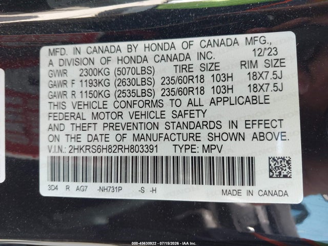 Продаж на аукціоні авто 2024 Honda Cr-v Hybrid Sport-l, vin: 2HKRS6H82RH803391, номер лоту: 45630922