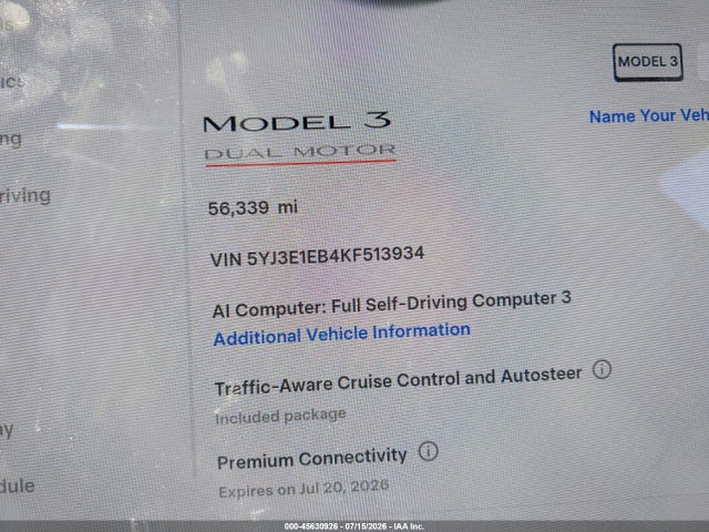 45630926 :رقم المزاد ، 5YJ3E1EB4KF513934 vin ، 2019 Tesla Model 3 Long Range/performance مزاد بيع
