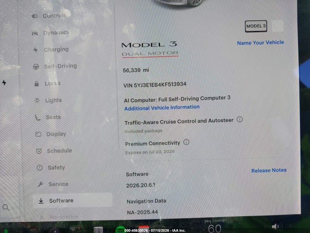 45630926 :رقم المزاد ، 5YJ3E1EB4KF513934 vin ، 2019 Tesla Model 3 Long Range/performance مزاد بيع