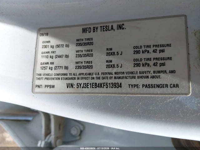 45630926 :رقم المزاد ، 5YJ3E1EB4KF513934 vin ، 2019 Tesla Model 3 Long Range/performance مزاد بيع