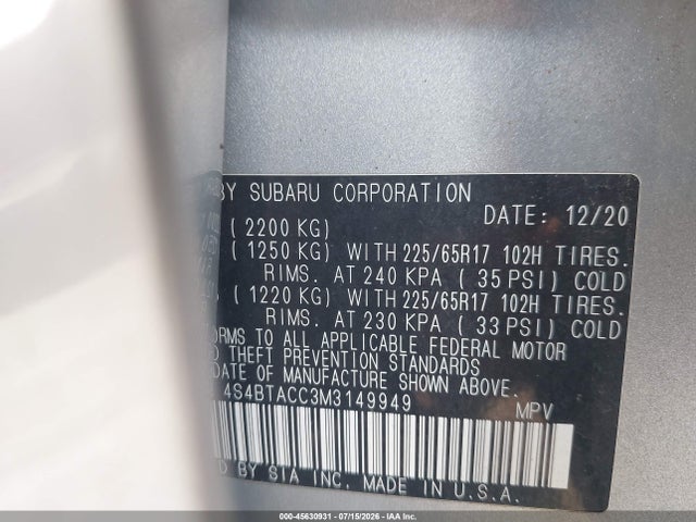 2021 Subaru Outback Premium მანქანა იყიდება აუქციონზე, vin: 4S4BTACC3M3149949, აუქციონის ნომერი: 45630931