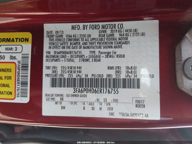 Aukcja sprzedaży 2014 Ford Fusion Se, vin: 3FA6P0HD6ER176755, numer aukcji: 45630933