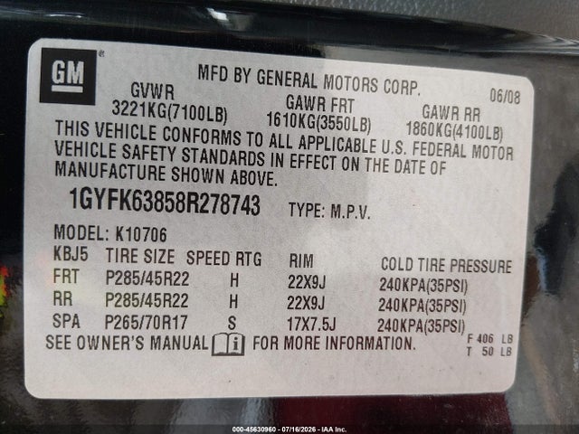 Aukcja sprzedaży 2008 Cadillac Escalade Standard, vin: 1GYFK63858R278743, numer aukcji: 45630960