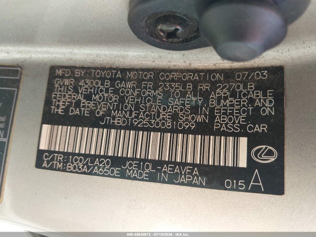 Aukcja sprzedaży 2003 Lexus Is 300, vin: JTHBD192530081099, numer aukcji: 45630973