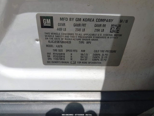 Auction sale of the 2016 Buick Encore, vin: KL4CJESB7GB684639, lot number: 45630982