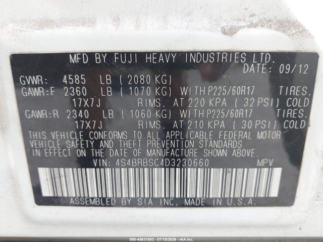 Продаж на аукціоні авто 2013 Subaru Outback 2.5i Limited, vin: 4S4BRBSC4D3230660, номер лоту: 45631003