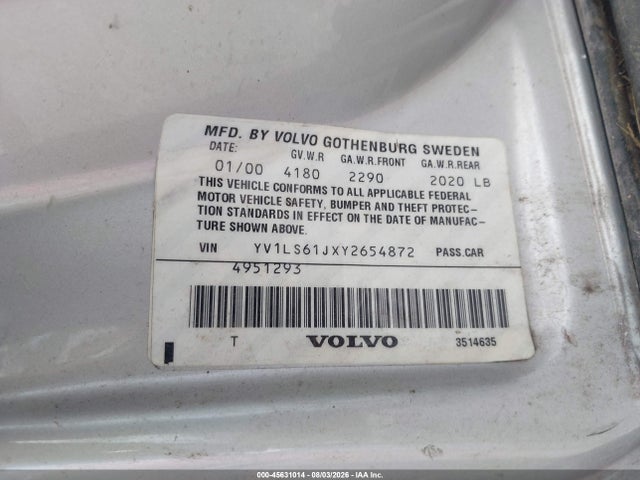 Aukcja sprzedaży 2000 Volvo S70 Se, vin: YV1LS61JXY2654872, numer aukcji: 45631014