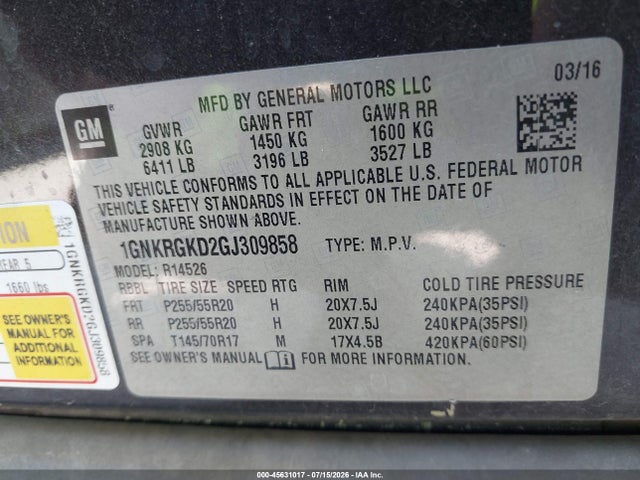 45631017 :رقم المزاد ، 1GNKRGKD2GJ309858 vin ، 2016 Chevrolet Traverse 1lt مزاد بيع