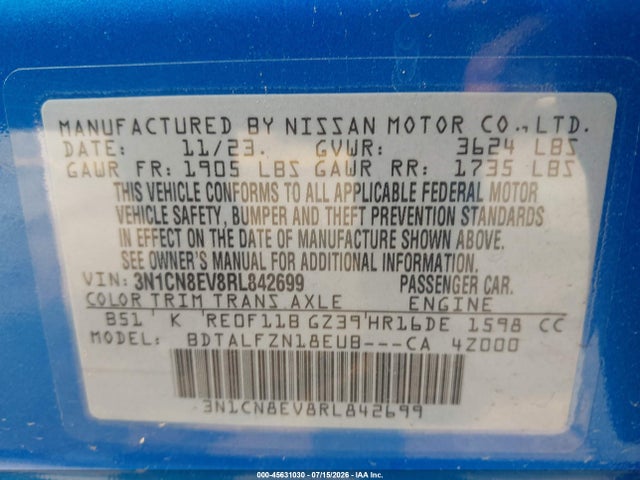 2024 Nissan Versa 1.6 Sv მანქანა იყიდება აუქციონზე, vin: 3N1CN8EV8RL842699, აუქციონის ნომერი: 45631030