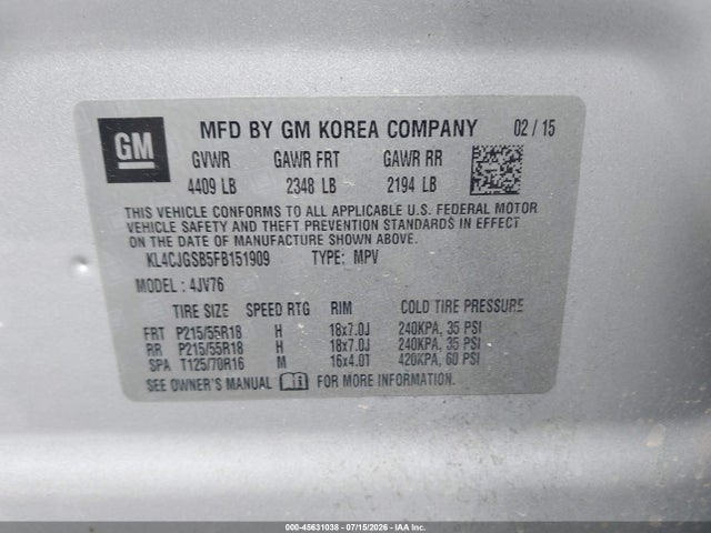 Продаж на аукціоні авто 2015 Buick Encore Leather, vin: KL4CJGSB5FB151909, номер лоту: 45631038