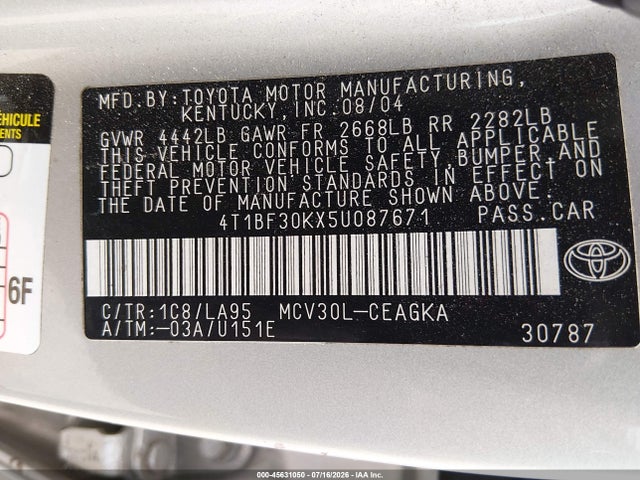 45631050 :رقم المزاد ، 4T1BF30KX5U087671 vin ، 2005 Toyota Camry Xle V6 مزاد بيع