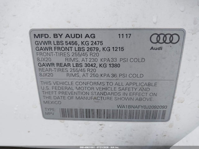 Продажа на аукционе авто 2018 Audi Q5 2.0t Premium/2.0t Tech Premium, vin: WA1BNAFY0J2092093, номер лота: 45631051