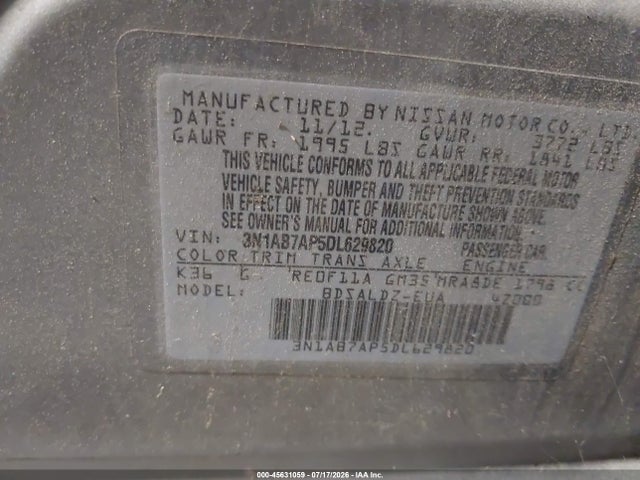 Продаж на аукціоні авто 2013 Nissan Sentra S/sv/sr/sl, vin: 3N1AB7AP5DL629820, номер лоту: 45631059