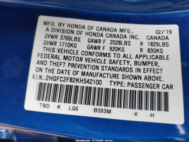 Honda Civic Sport 2019 2HGFC2F82KH542100 Image 9