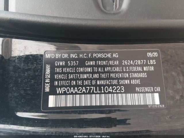 45631063 :رقم المزاد ، WP0AA2A77LL104223 vin ، 2020 Porsche Panamera 4 مزاد بيع