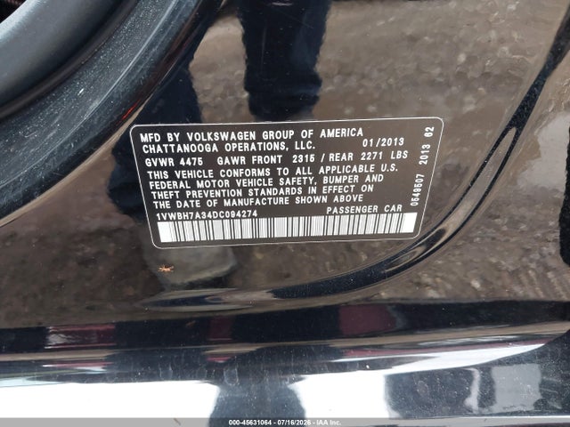 2013 Volkswagen Passat 2.5l Se მანქანა იყიდება აუქციონზე, vin: 1VWBH7A34DC094274, აუქციონის ნომერი: 45631064
