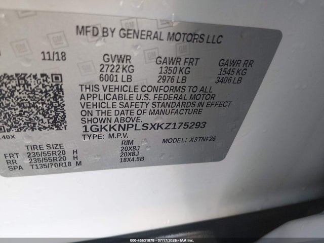45631078 :رقم المزاد ، 1GKKNPLSXKZ175293 vin ، 2019 Gmc Acadia Denali مزاد بيع